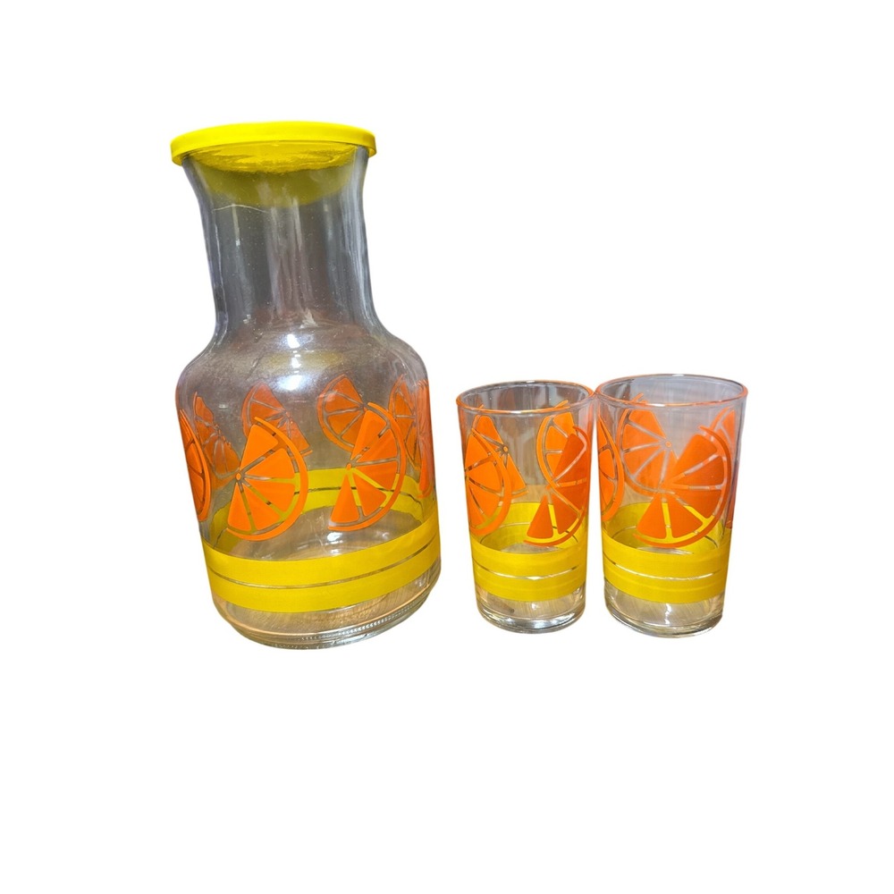 Vintage Orange Citrus Slice Juice Carafe Pitcher Set 2 Glasses Yellow Stripes